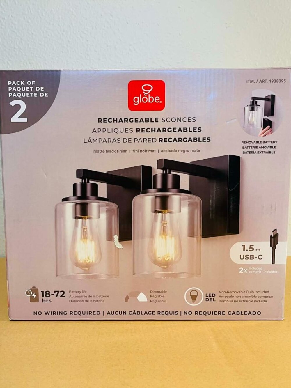 Globe Rechargeable Glass Wall Sconces Matte Black LED 2-Pack - BNIB & Sealed
